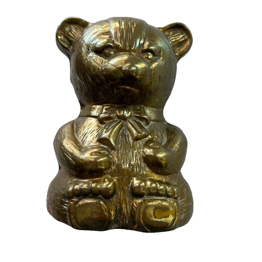 6" Tall Vintage Solid Brass Teddy Bear Coin Piggy Bank (missing plastic plug)